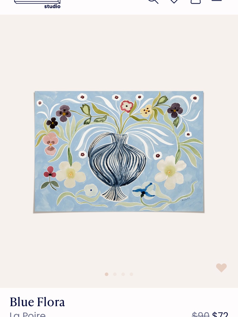 La poire Blue Flora Wall Art - Blue Floral Vase Print with frame 70x100 cm